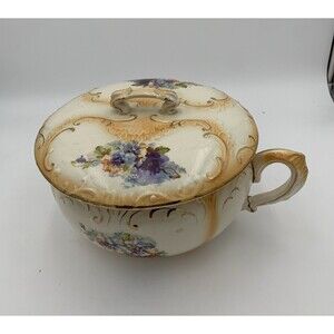 Antique Ironstone E.burgess Chamber Pot W/Lid & Handle Floral WGold Trim.